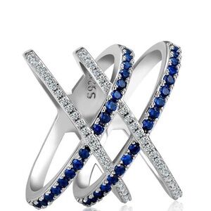 Elegant Silver and Blue Crossover Ring